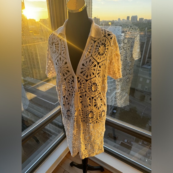 🆕 FARM Rio 🧿 NWOT White Semisheer Floral Button-Up Crochet Cover-Up Dress, M - Picture 7 of 15